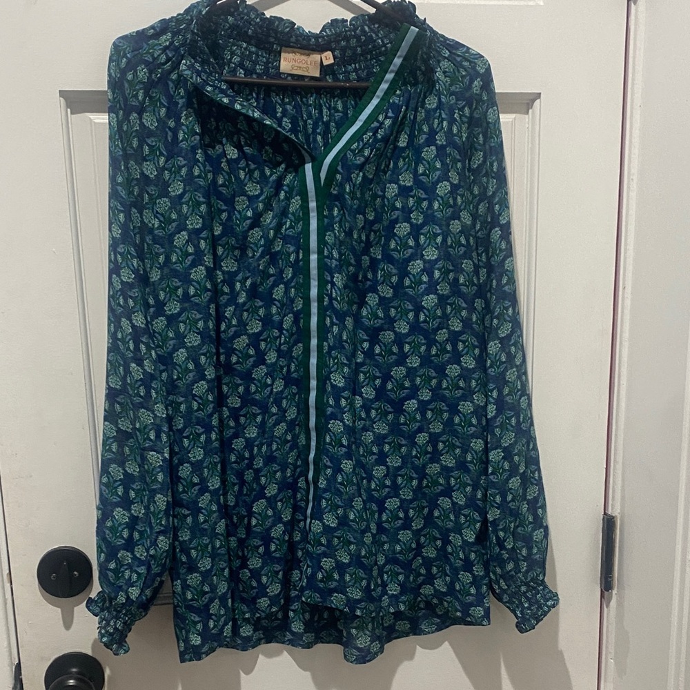 Elegant Blue and Green Floral Blouse